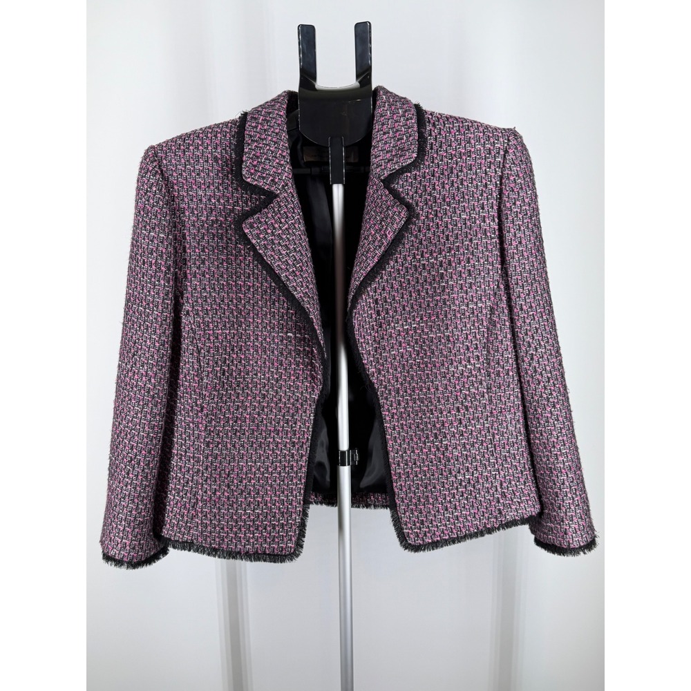 Tahari Pink Black Tweed Fringe Blazer Jacket Womens 12 Open Front
